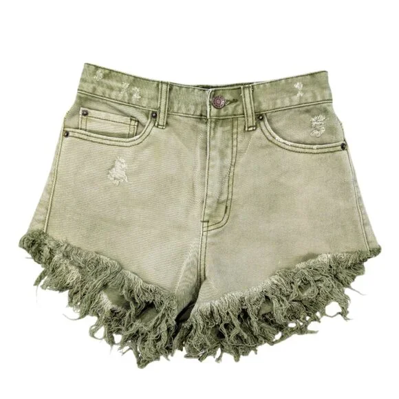 BDG High-Rise Cheeky Shorts 25 Green Frayed Hem - Picture 2 of 8